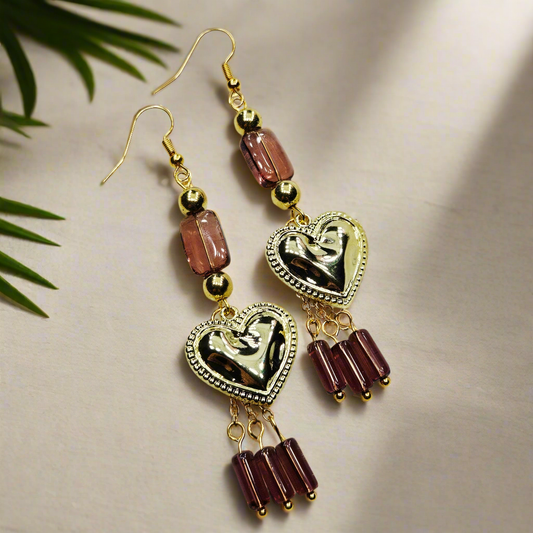 Golden Heart Charm Earrings with Dark Mauve Glass Dangles on Gold Chain - 3¼"