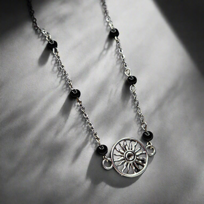 Black Hole Sun Beaded Silver Chain Necklace with Polished Black Glass - 16"