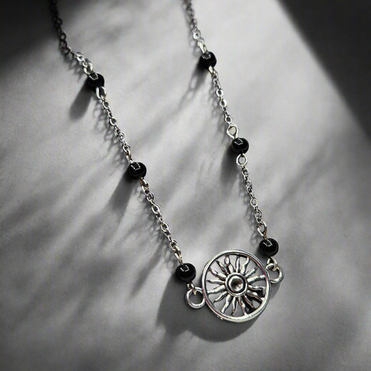 Black Hole Sun Beaded Silver Chain Necklace with Polished Black Glass - 16"