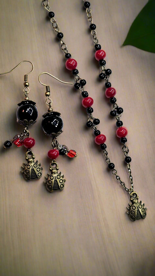 Loveable Little Ladybug Set: Brass Ladybug Pendant Necklace & Earrings with Red & Black Beads