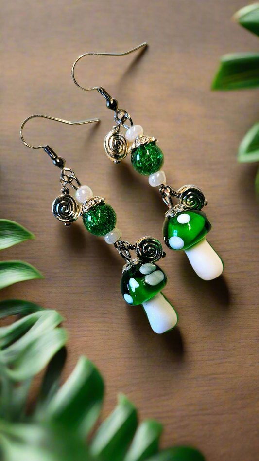 Whimsical Green Mushroom Dangle Earrings