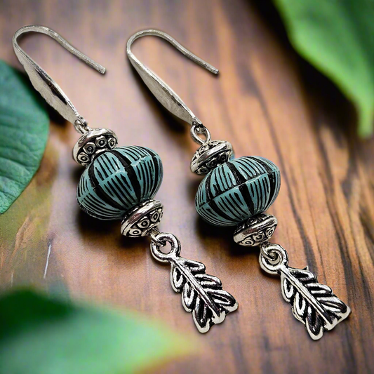 Western Style Vintage Turquoise Silver Dangle Earrings with Feather Charms