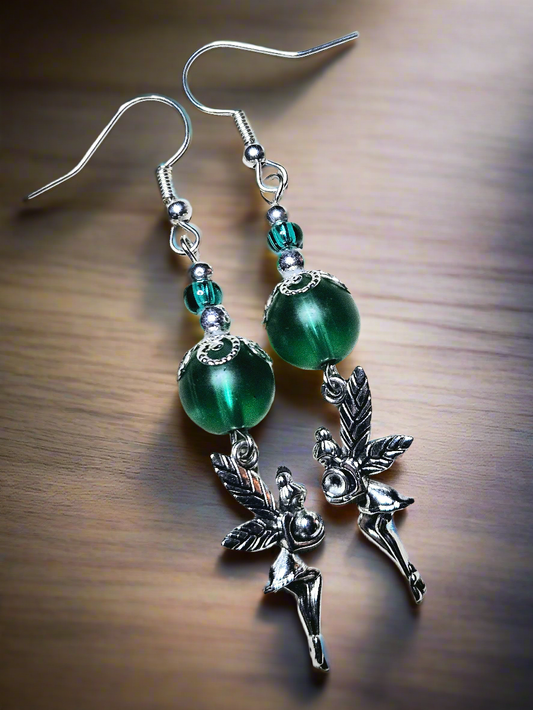 Silver Fairy Dangle Earrings with Green Frosted Glass