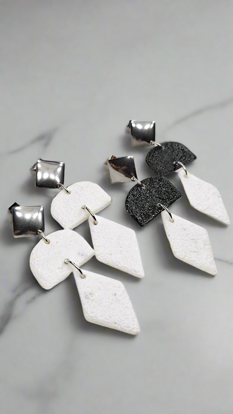 Monochrome Clay Kites Stud Dangle Earrings with Black or White Arches