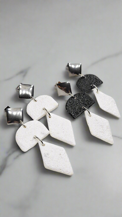 Monochrome Clay Kites Stud Dangle Earrings with Black or White Arches