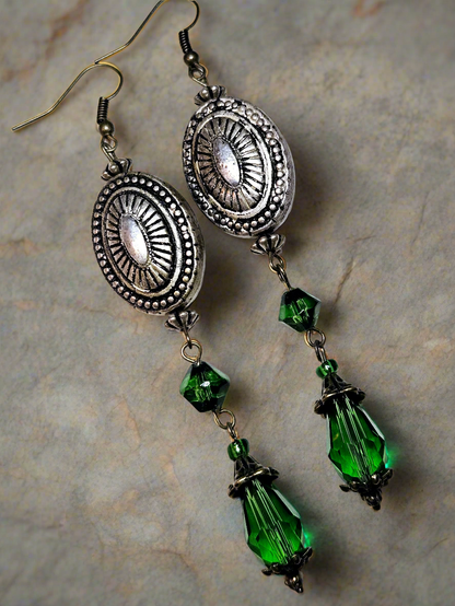 Antique Silver Oval Earrings green beads