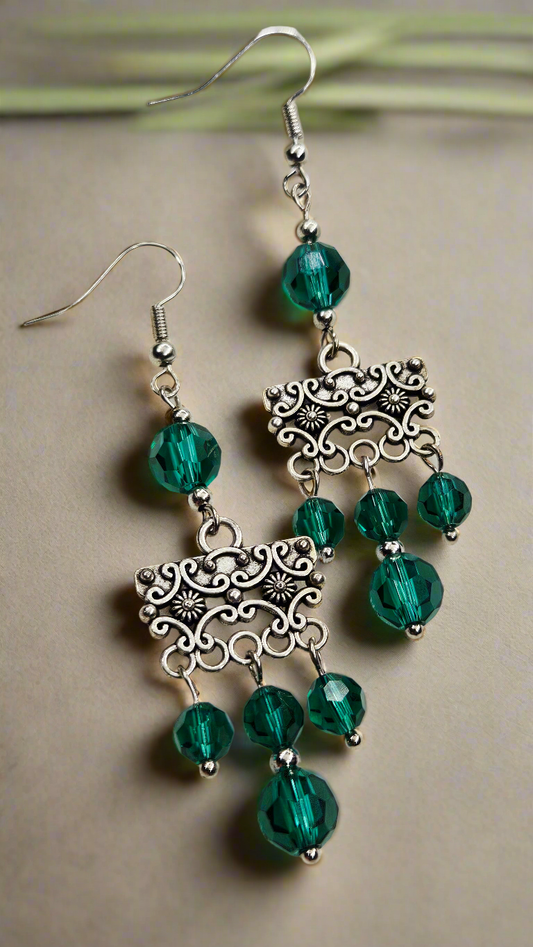 Tibetan Silver Filigree Earrings with Emerald Austrian Crystal Dangles - 3"