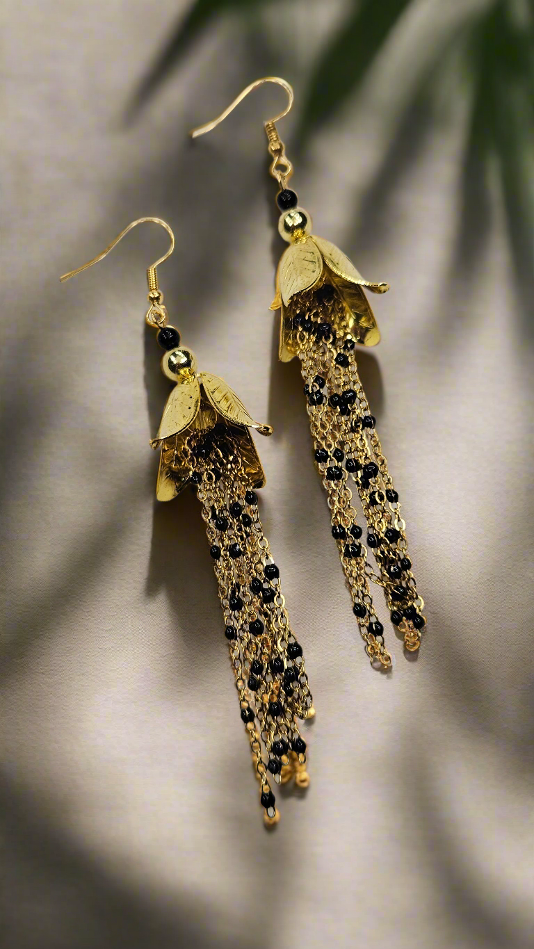 Golden Leaf Blossom Earrings with Long Gold & Black Chain Tassels