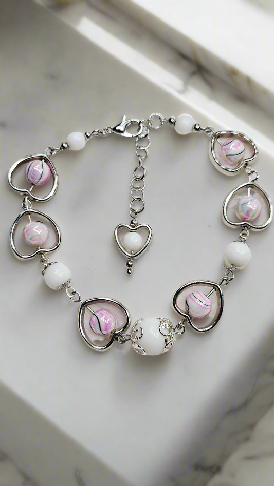 Pink Marble & Silver Heart Frame Bracelet