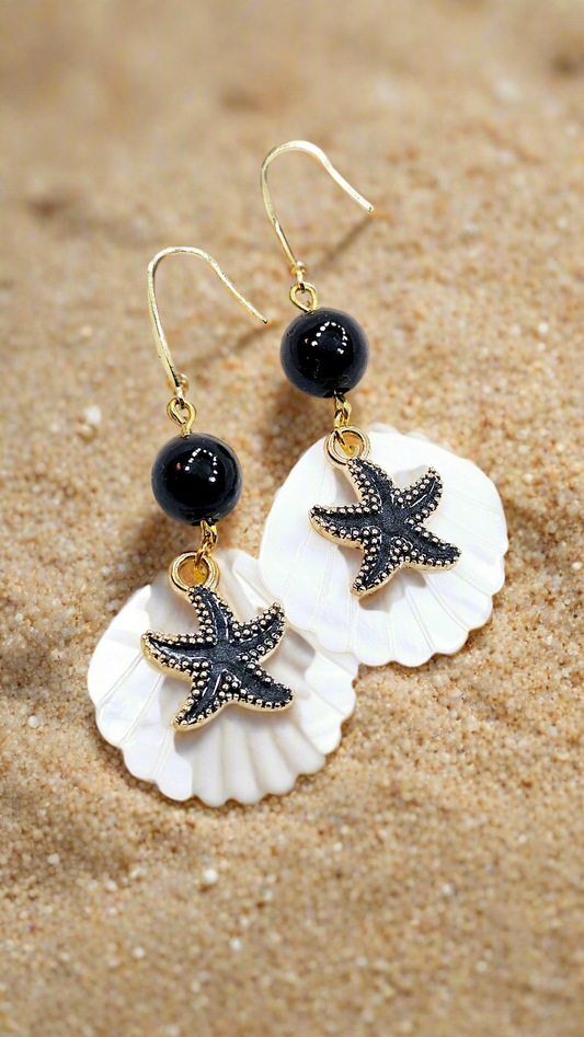 Calming Clams & Black Starfish: Pearlescent Clam Shells with Black Starfish Charms Dangle Earrings