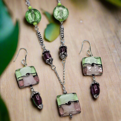 Fun and Funky Green and Purple Square Glass Pendant Necklace and Earrings Set on Silver - 28"/2¾"