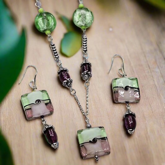 Fun and Funky Green and Purple Square Glass Pendant Necklace and Earrings Set on Silver - 28"/2¾"