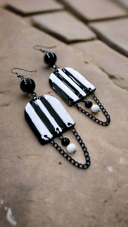 Black & White Clay Arches with Black Chain Dangle Earrings -  3½"