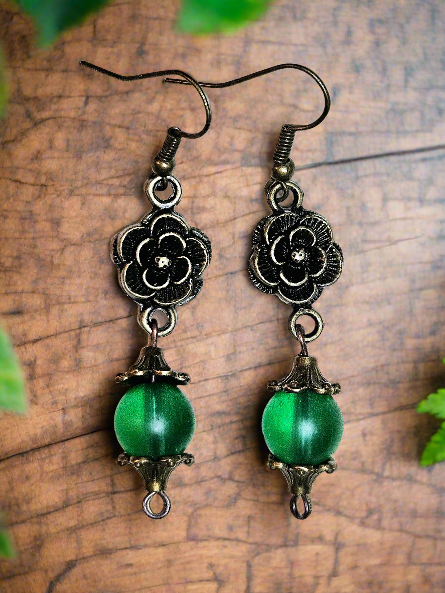 Antiqued Brass Rose Earrings with Green Beads in 2 Styles - 2½ to 3"