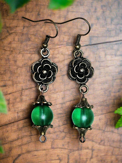 Antiqued Brass Rose Earrings with Green Beads in 2 Styles - 2½ to 3"
