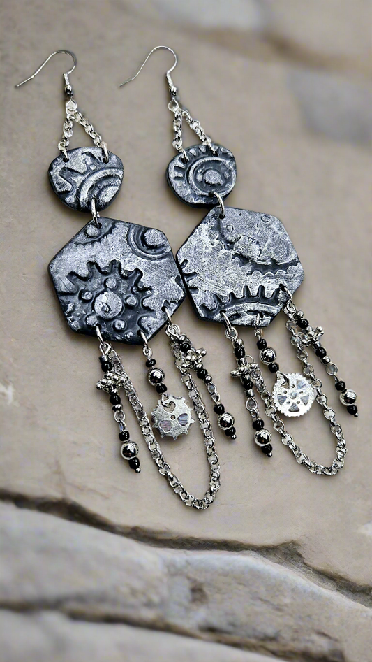 Pop, Lock, and Cog It Silver Steampunk Clay Dangle Earrings