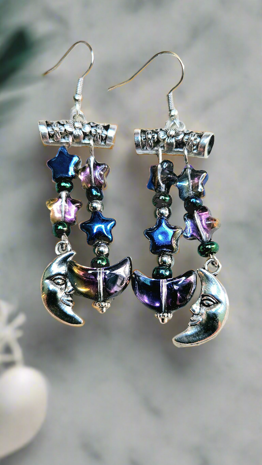 Dark Shimmery Stars & Silver Moonface Charm Dangle Earrings