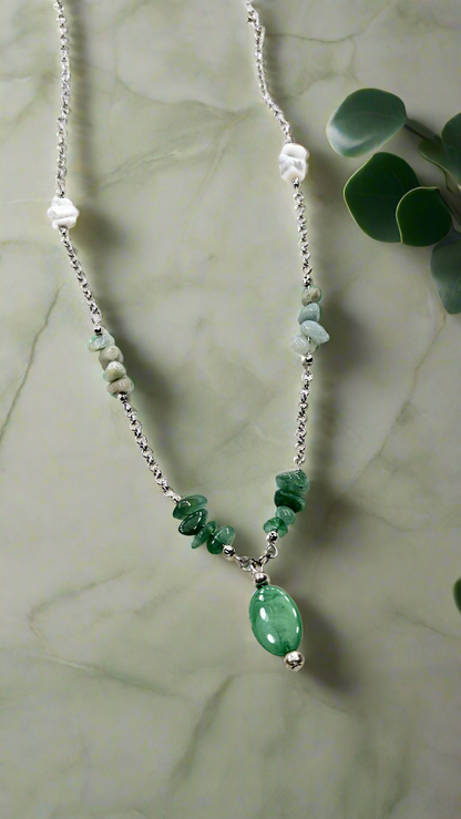 Green Natural Stone Cascade Silver Chain Necklace