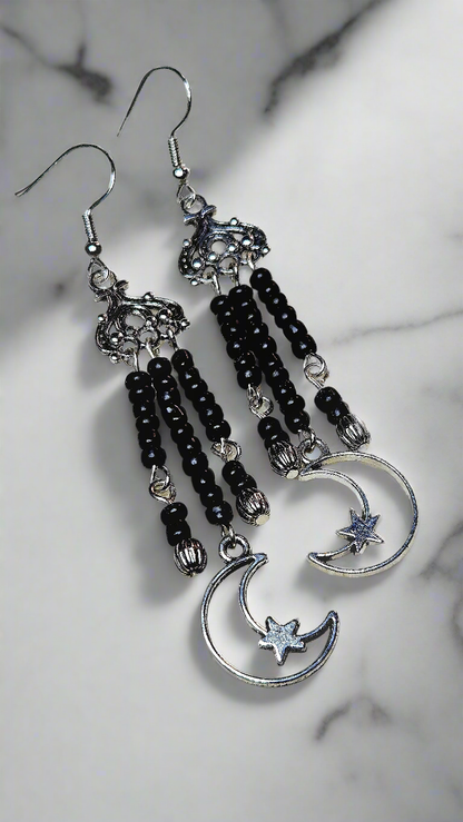 Black Moon-Star Silver Earrings
