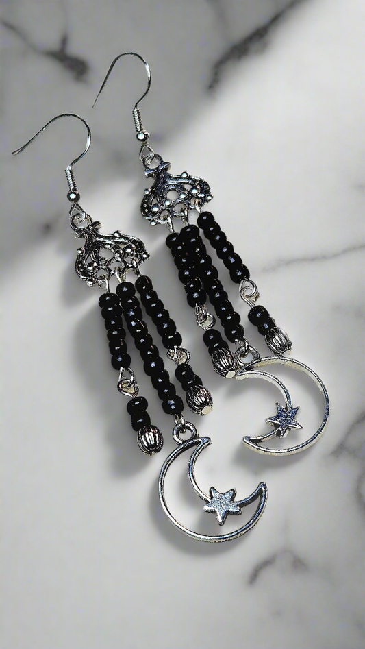 Black Moon-Star Silver Earrings