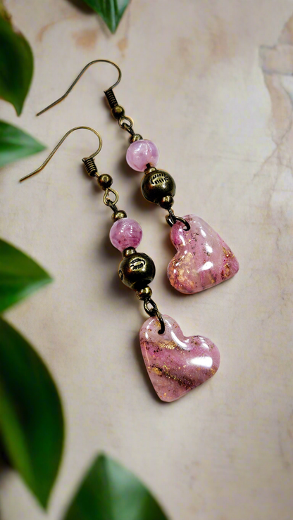 Pink Passion Marbled Clay Hearts with Gold Fleck on Brass Dangle Earrings