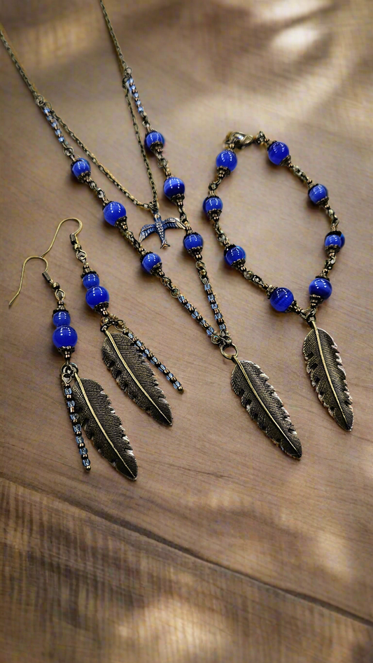 Royal Blue-Bird Feather Set: Brass Feather Pendant Necklace with Pure Brass Bird Charm, Matching Bracelet & Earrings