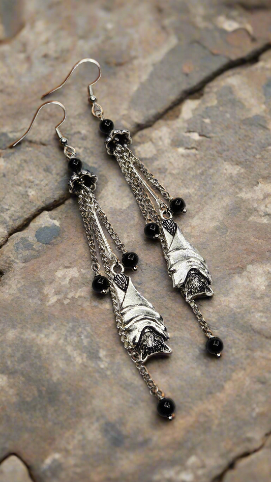 Roosting Bats Drop Dangles with Silver Chain and Black Glass Earrings