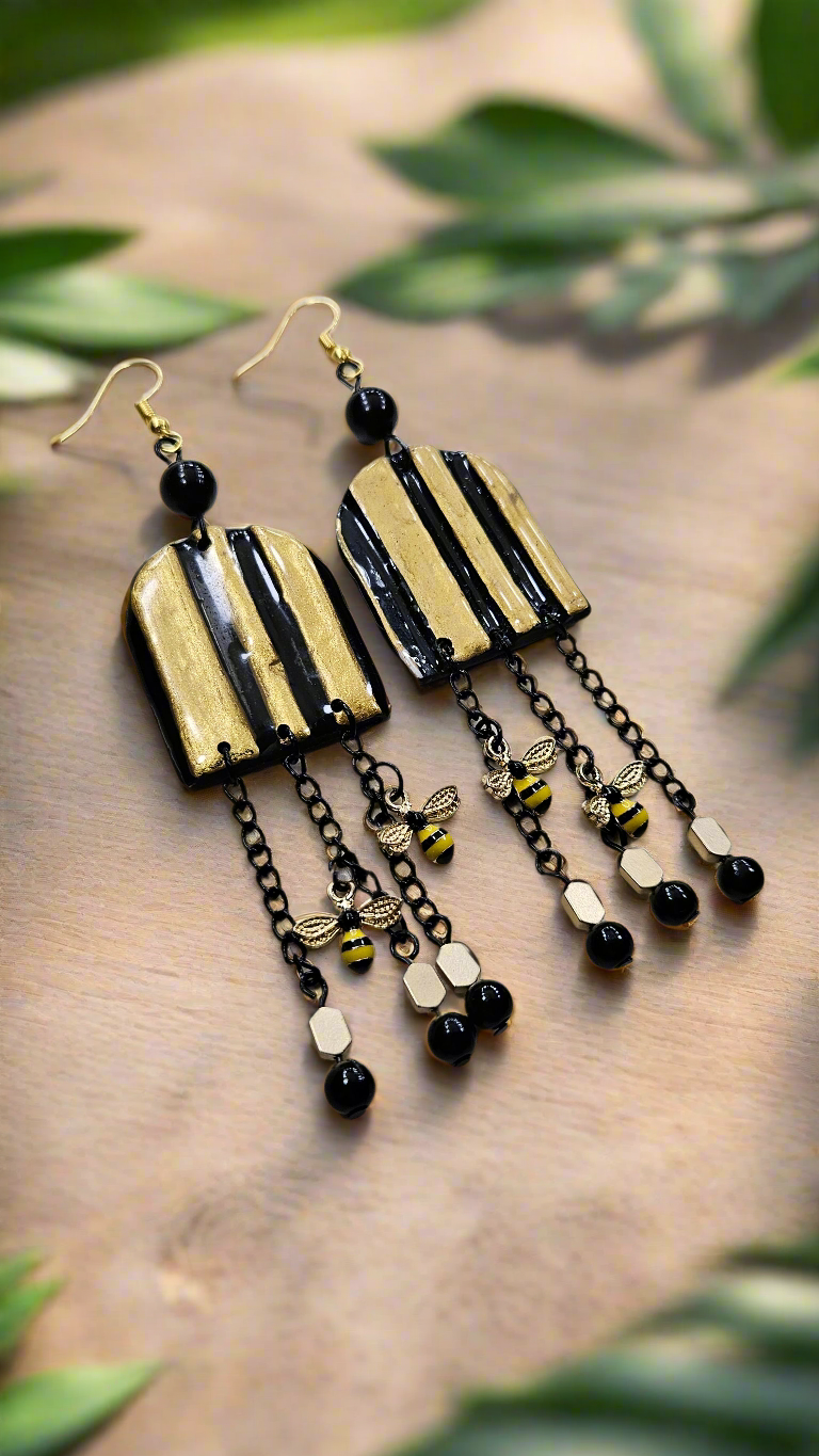 Bumble Bee's Black & Gold Clay Arches with Black Chain Dangle Earrings