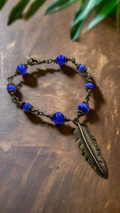 Royal Blue-Bird Feather Set: Brass Feather Pendant Necklace with Pure Brass Bird Charm, Matching Bracelet & Earrings