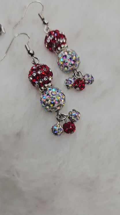 Super Sparkly Red and White Rhinestone Disco Ball Earrings with White or Red Studs