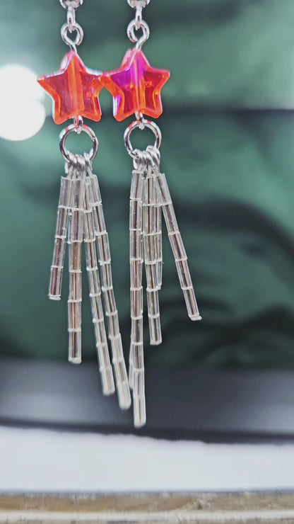 Long Shiny Reddish Pink Shooting Star Earrings