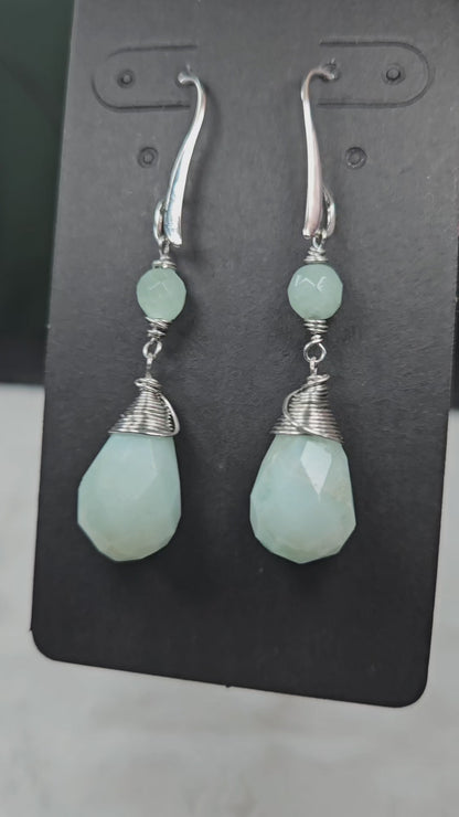 Green Aquamarine Wire Wrapped Teardrop Dangles