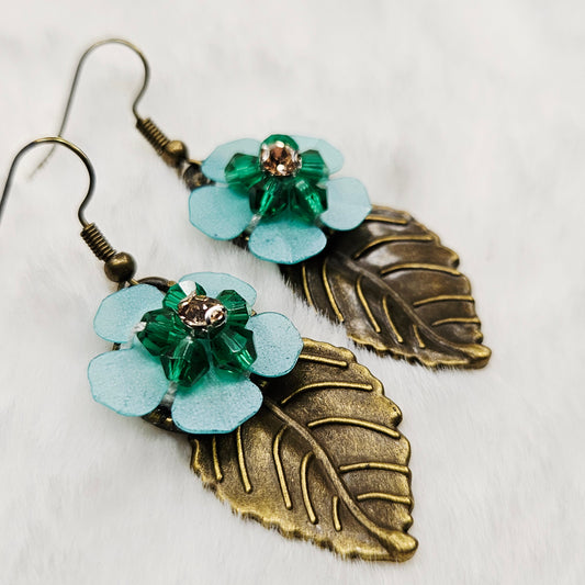 Brass Leaf Earrings with Teal Flowers