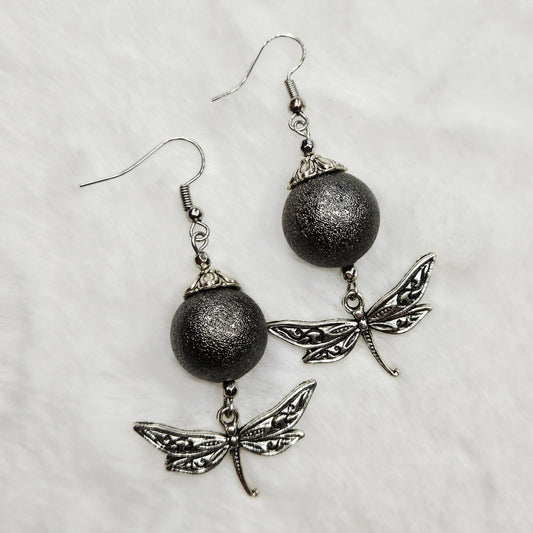 Shimmery Antique Silver Dragonfly Earrings