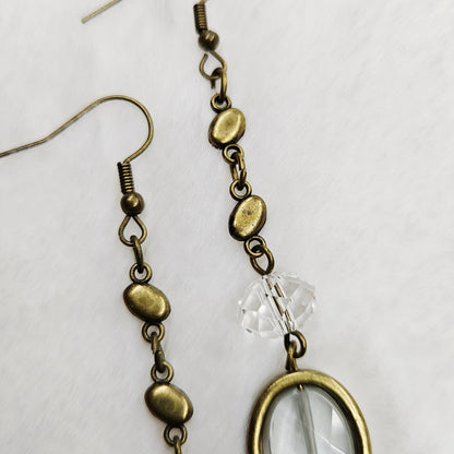 Long Antiqued Brass Earrings with Crystal and Brass-Framed Gem-Cut Rough Glass Dangles