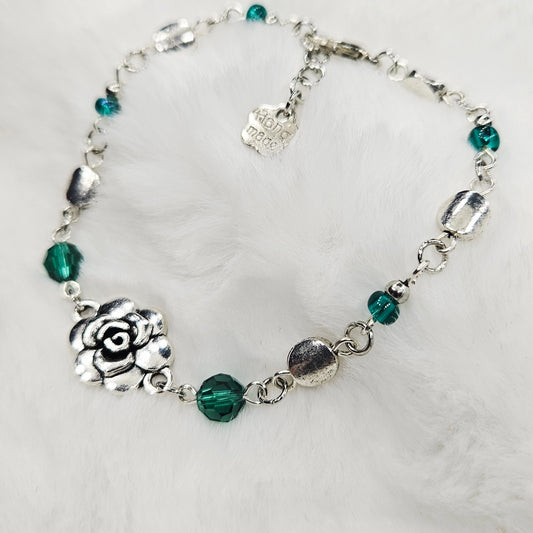 Silver Rose Bracelet with Emerald Austrian Crystals