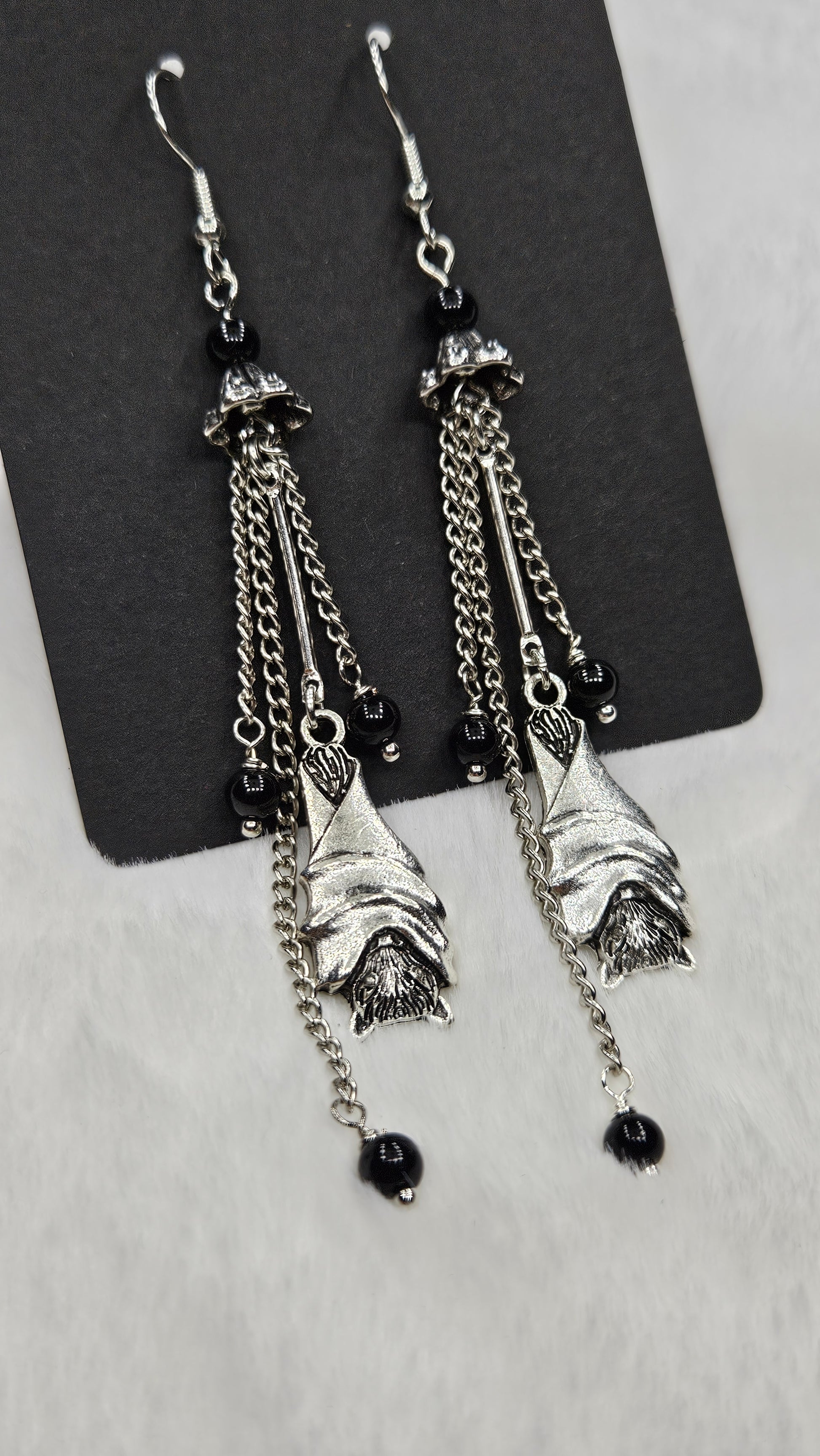 Roosting Bats Drop Dangles with Silver Chain and Black Glass Earrings