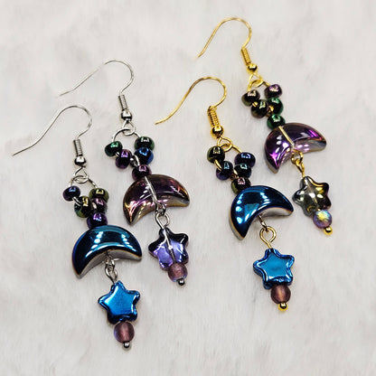 Magical Metallic Blue and Purple Moons and Stars Earrings in Silver or Gold