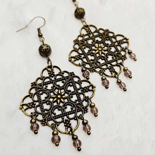Square Antique Brass Tibetan Filigree Rhombus Chandelier Earrings with Smokey Dangles