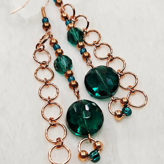 Unique Green Emerald Austrian Crystal and Red Copper Chain Earrings