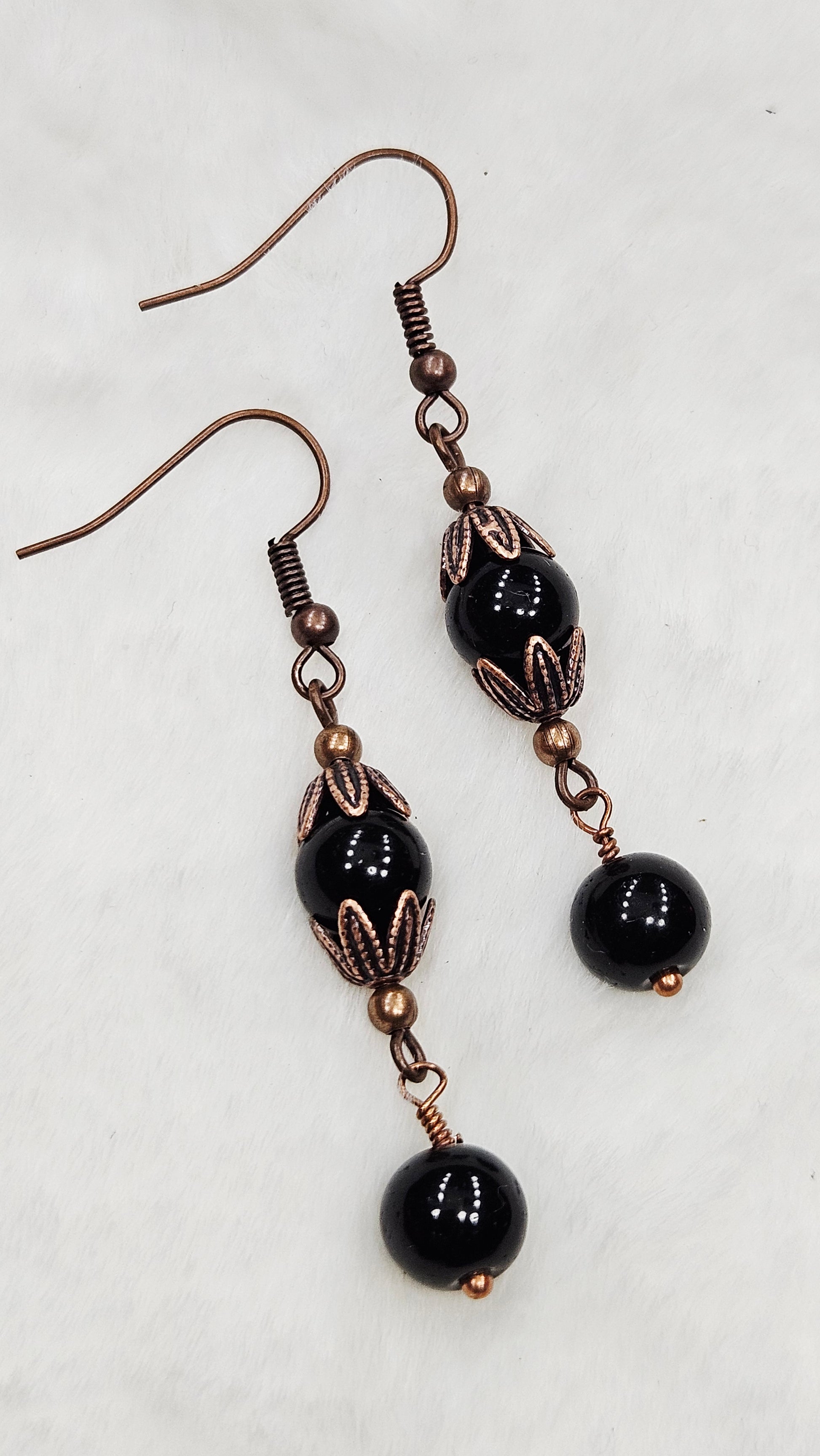 Antique Copper Leaf Cap Dangle Earrings with Black Glass 