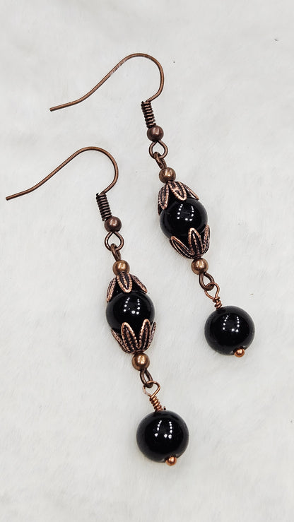 Antique Copper Leaf Cap Dangle Earrings with Black Glass 