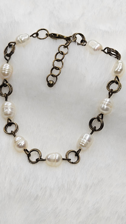 Antique Brass Risen Rose Cross Set - Rose Cross Pendant Necklace with Crystal & Freshwater Pearls Earrings & Bracelet