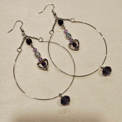 Large Silver Hoop Earrings with Tiny Purple Accents and Heart Dangles