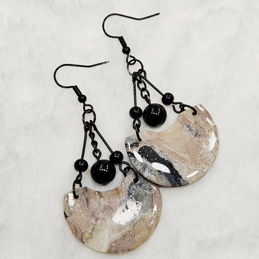 Black and Brown Gold Flake Marble Cut Crescent Polymer Clay Earrings with Black Chain