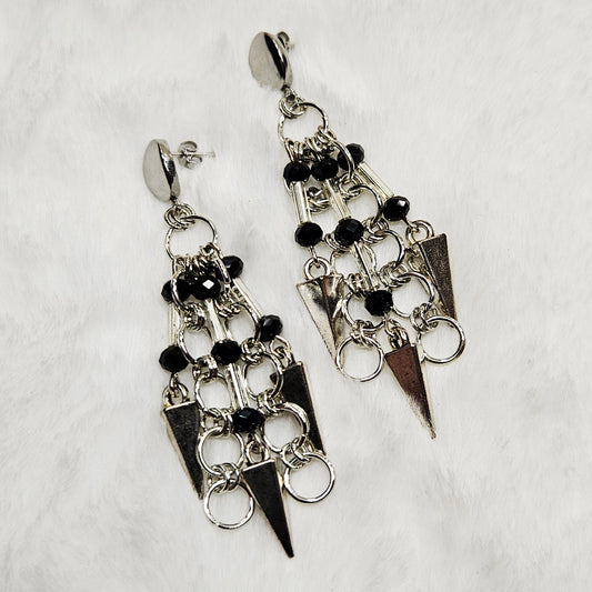 Silver Dagger Chainmail Earrings with Black Crystals