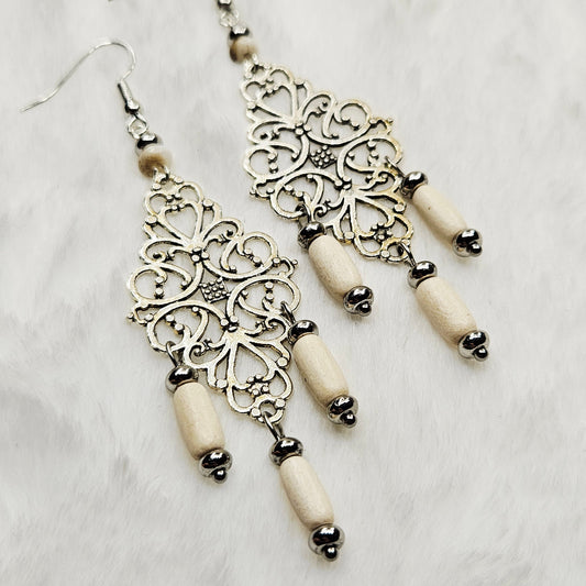 Diamond Antique Silver Tibetan Filigree Rhombus Chandelier Earrings with White Dangles