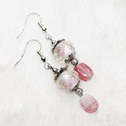 Hidden Flower Crystal Dangle Earrings with Pink Swirl Glass and Silver Flower Caps - 2"