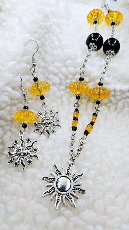 Golden Shining Suns Set - Silver Sun Pendant Necklace with Matching Sun Charm Earrings