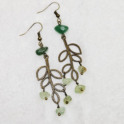 Textured Antique Brass Branch Earrings with Peridot Chip Dangles